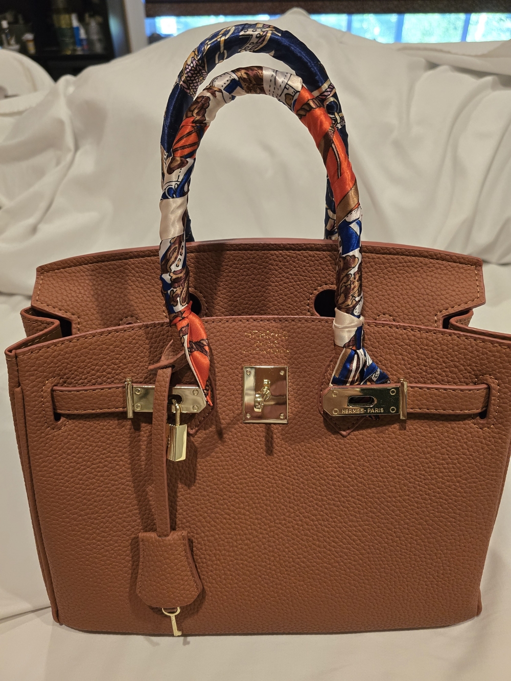 Hermès-Inspired Tan Leather Tote Bag with Printed Handle Wrap